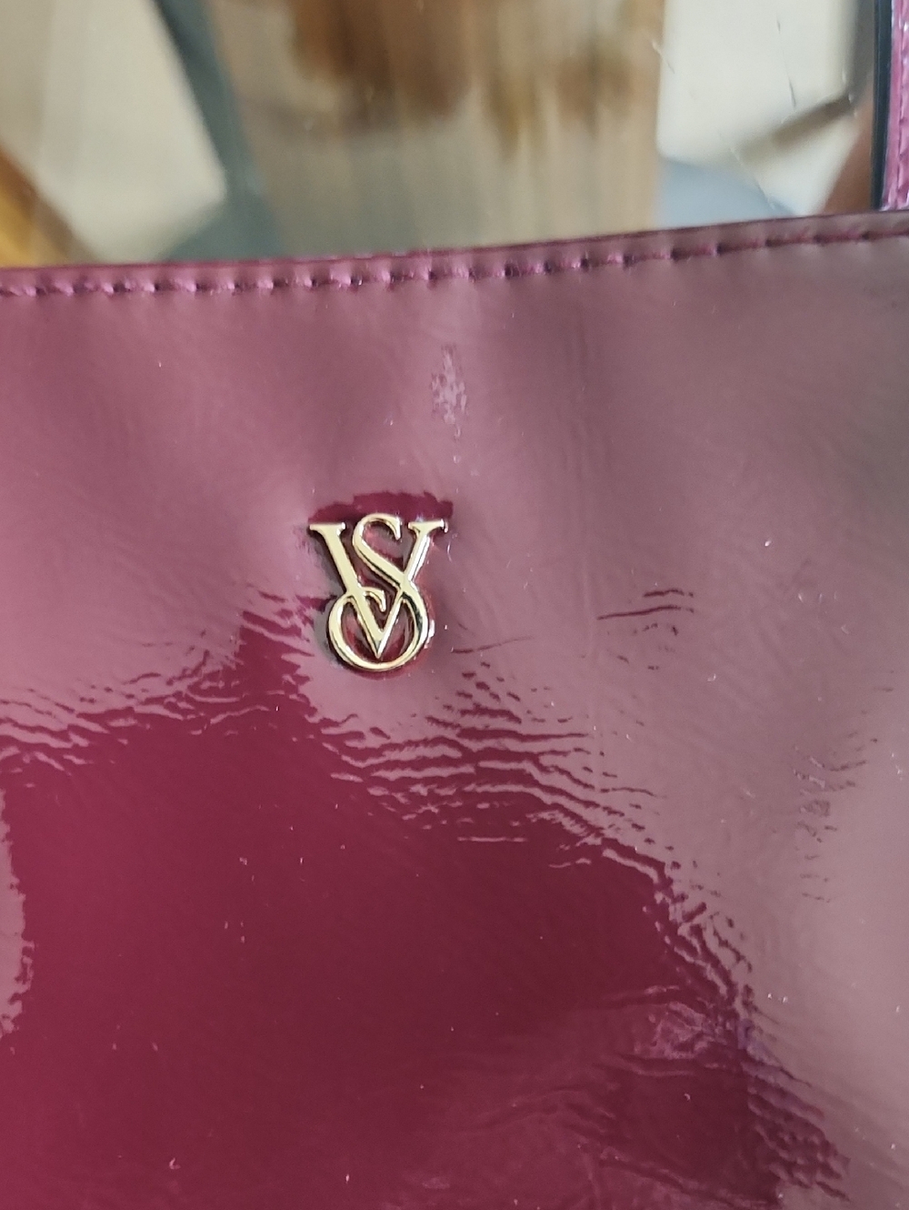 NWT VICTORIA SECRET Patent Burgundy Tote with Gold Monogram Accent